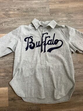 Ebbets Field Flannels Gray Shirt with Navy Buffalo Script- RARE